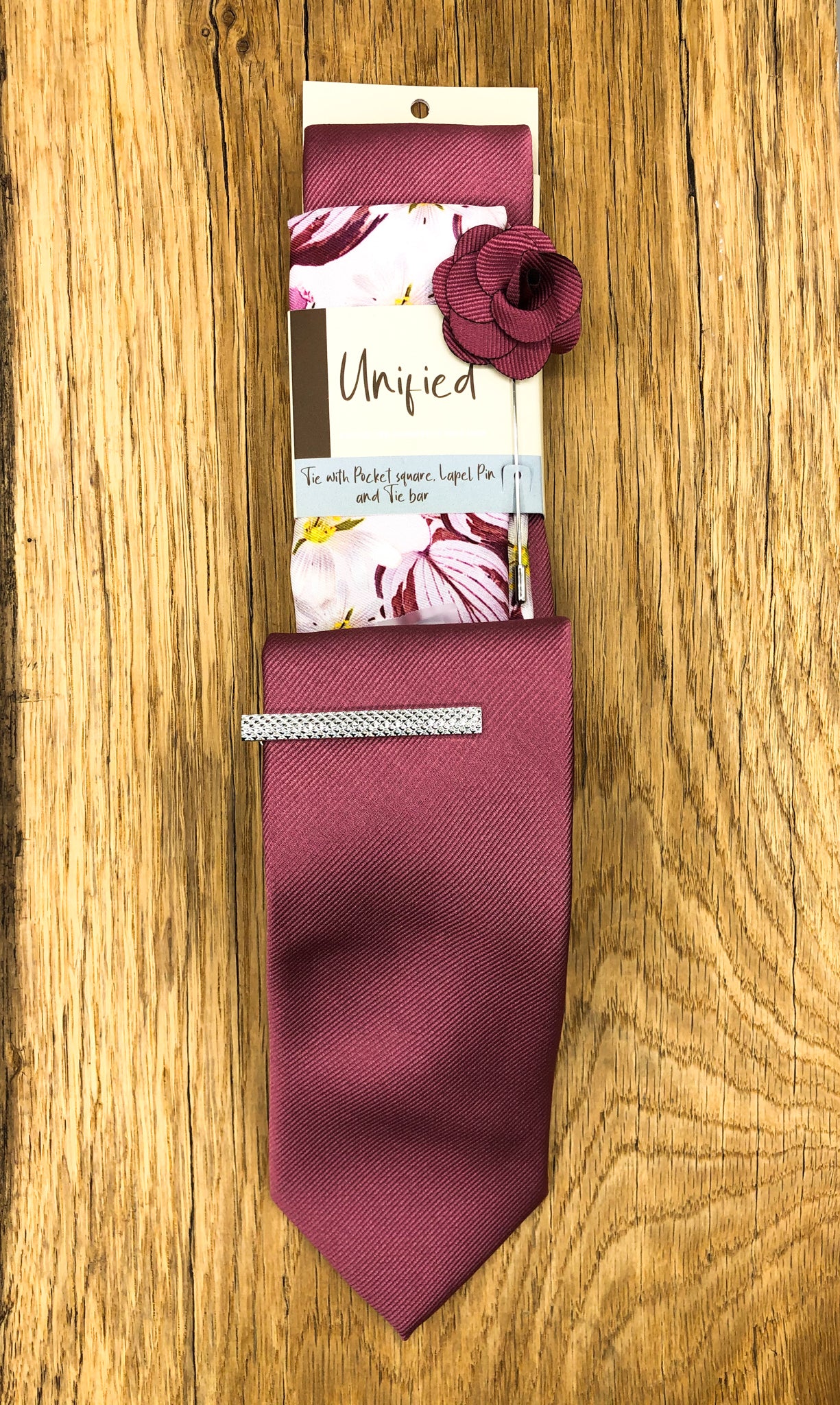Dark Pink Tie with Floral Pocket Square, Lapel Pin, Tie Bar and Fabric Bag