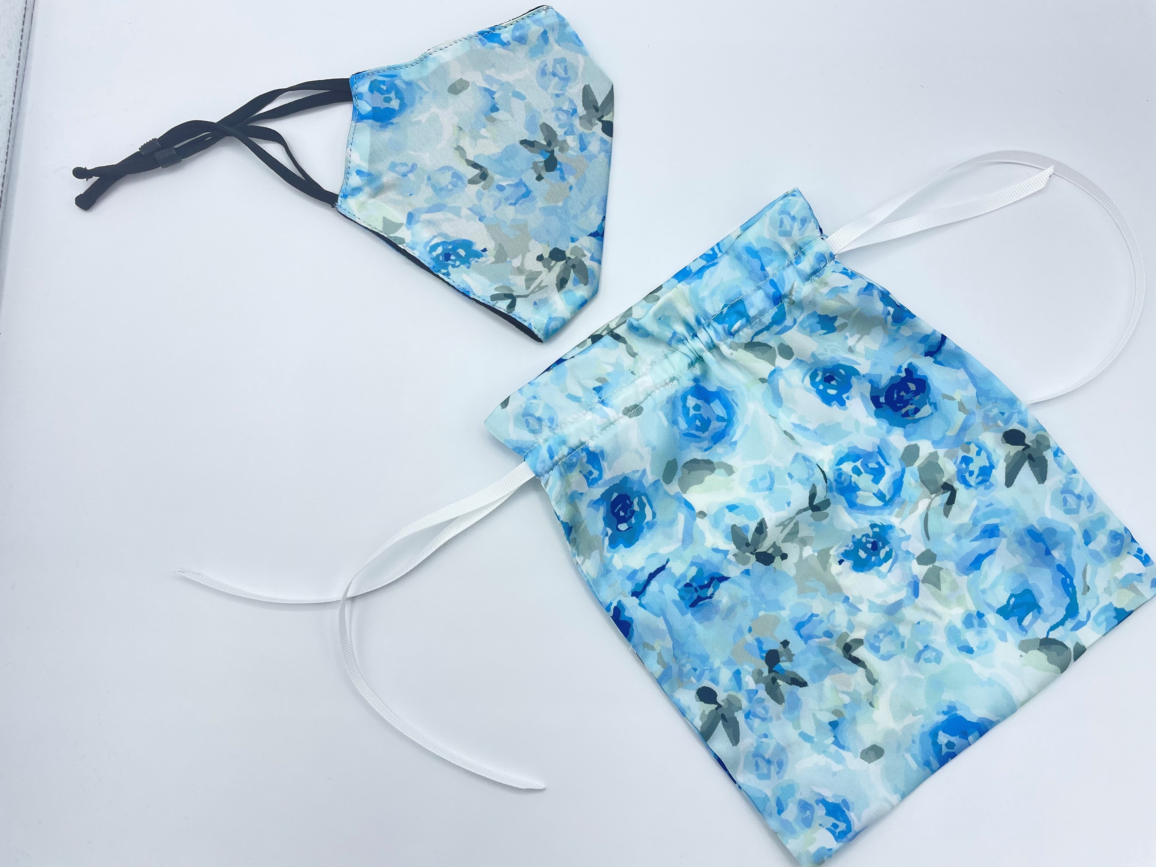Pretty blue watercolour floral face mask and carry bag