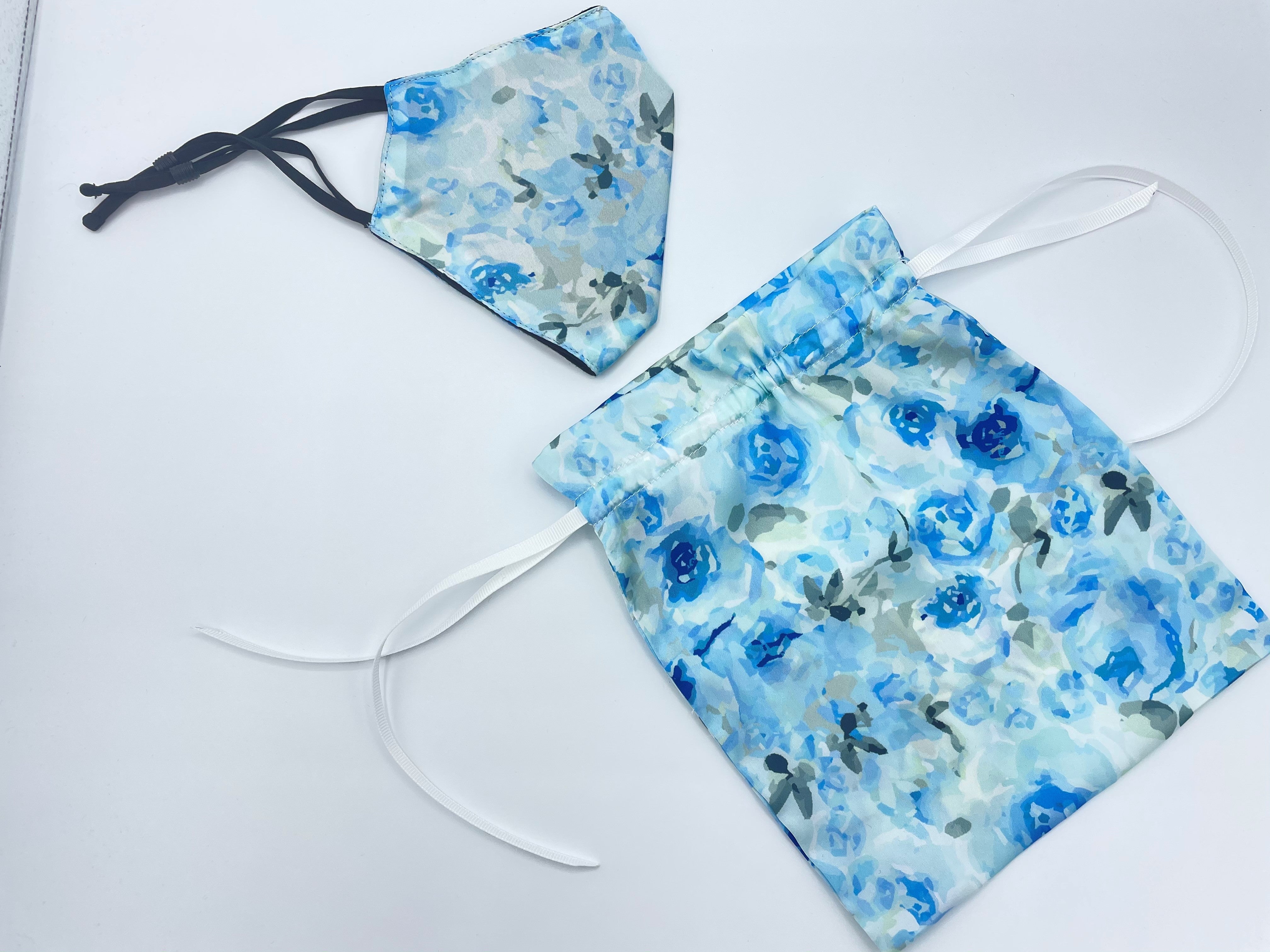 Pretty blue watercolour floral face mask and carry bag