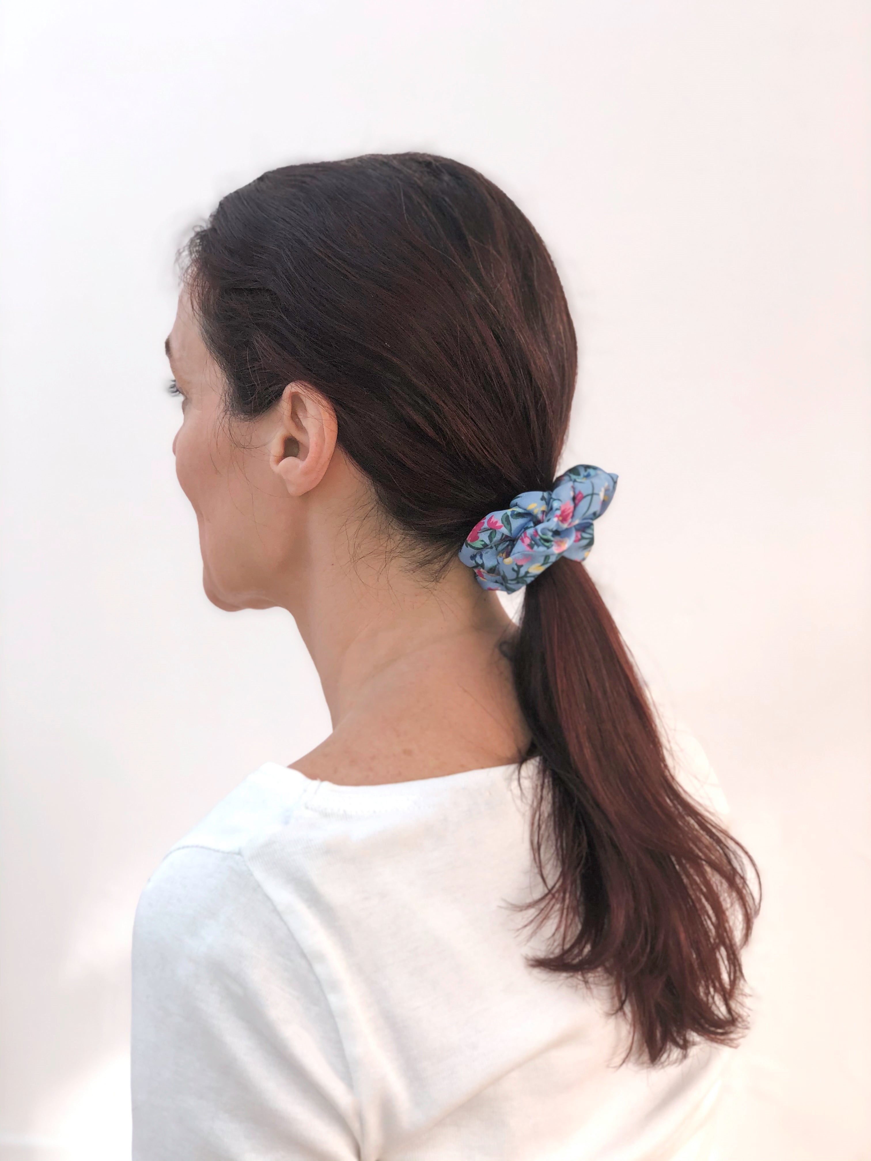 Light blue floral hair scrunchie