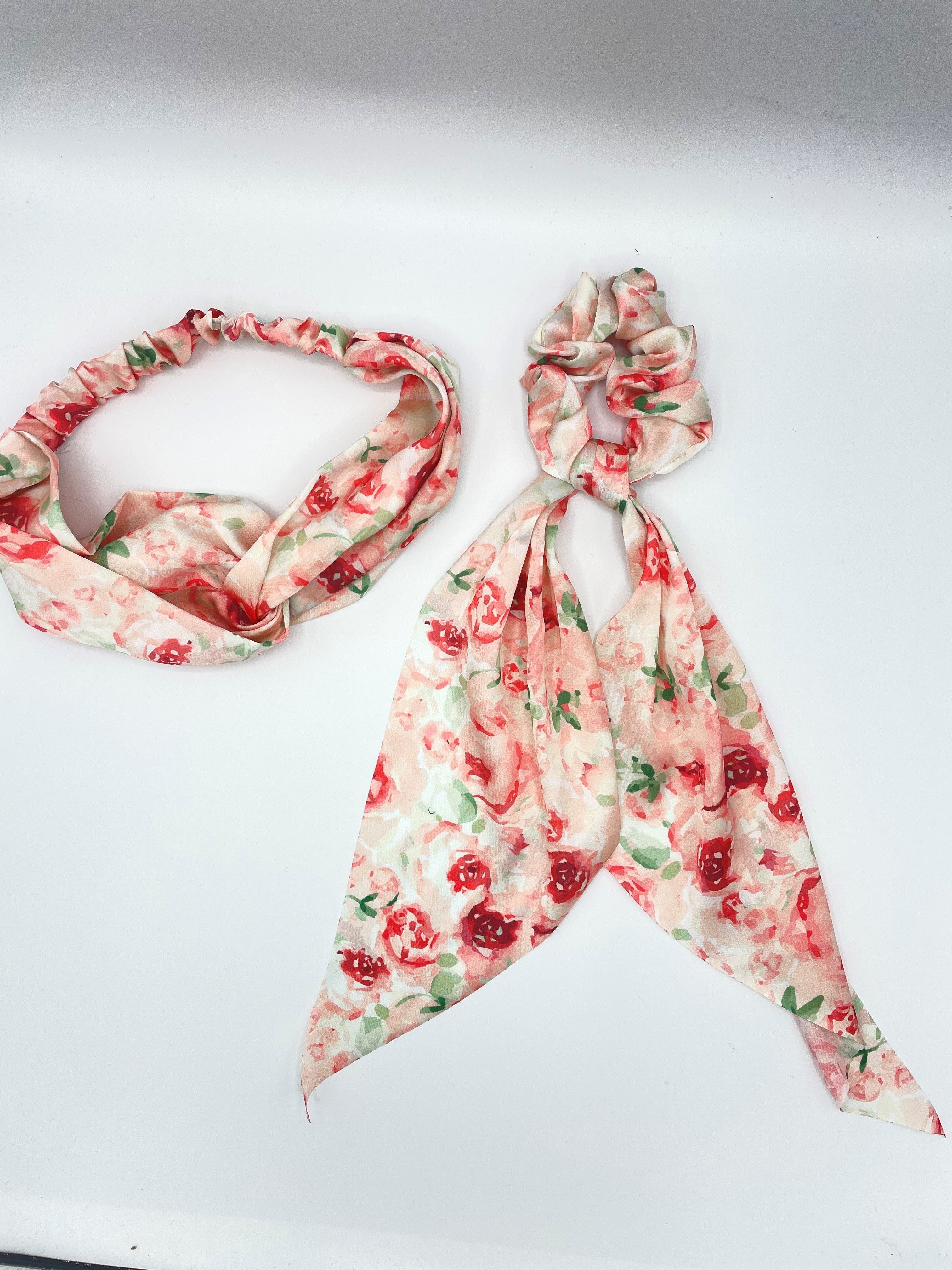 Pink floral long tail scruchie and headband set