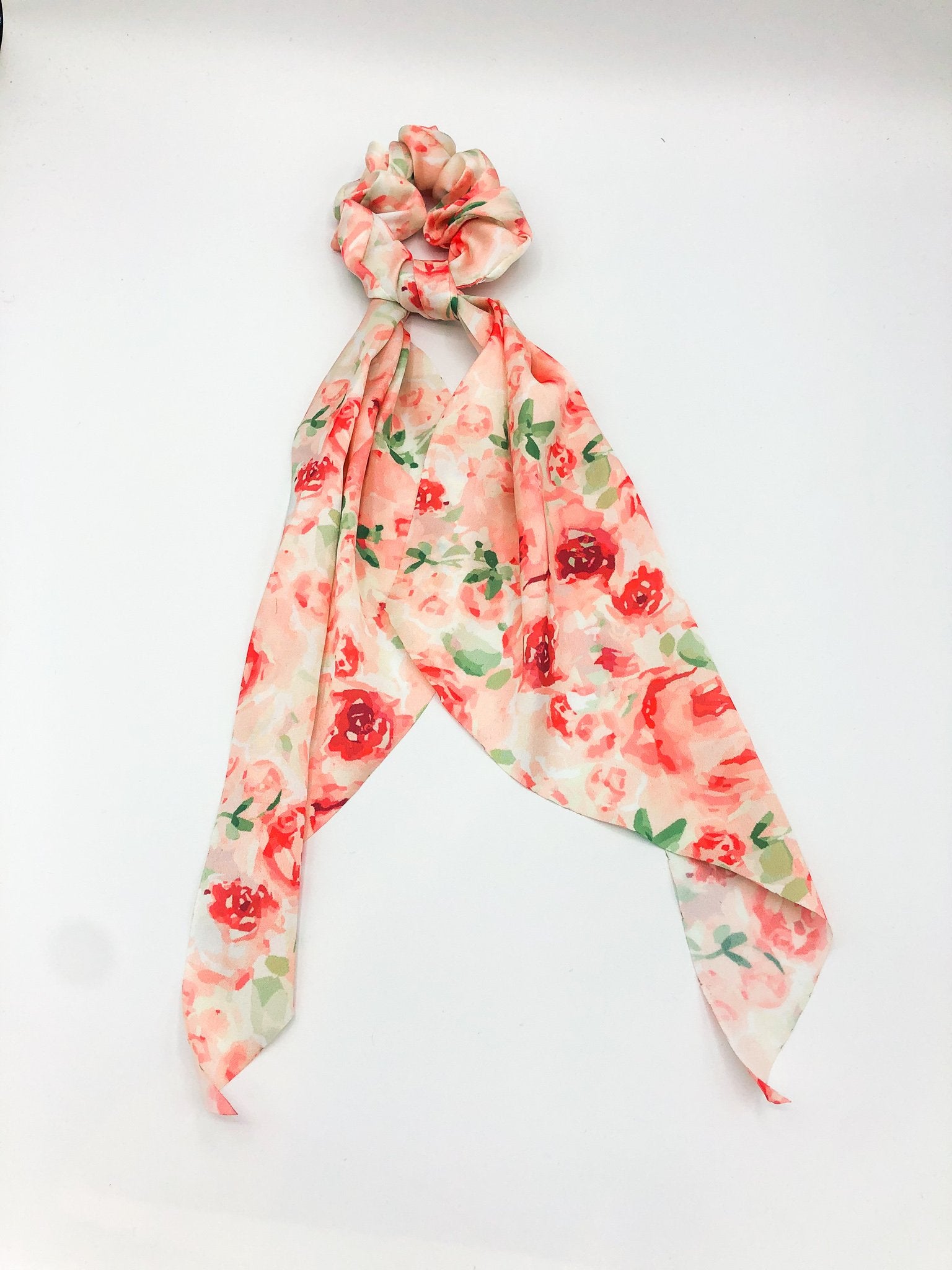 Pink floral long tail scruchie made from recycled plastic bottles