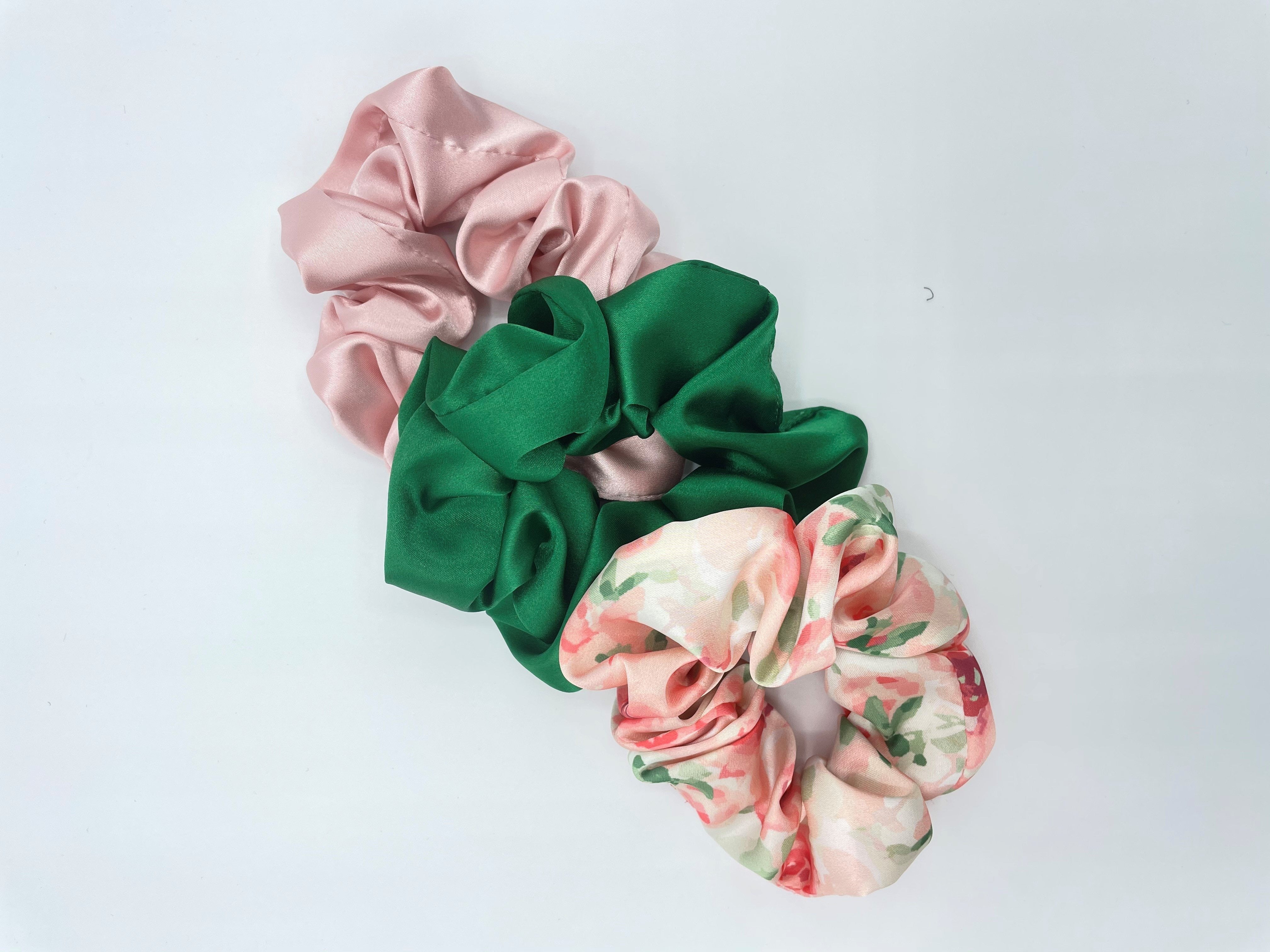 Set of three pink floral and green hair scrunchies