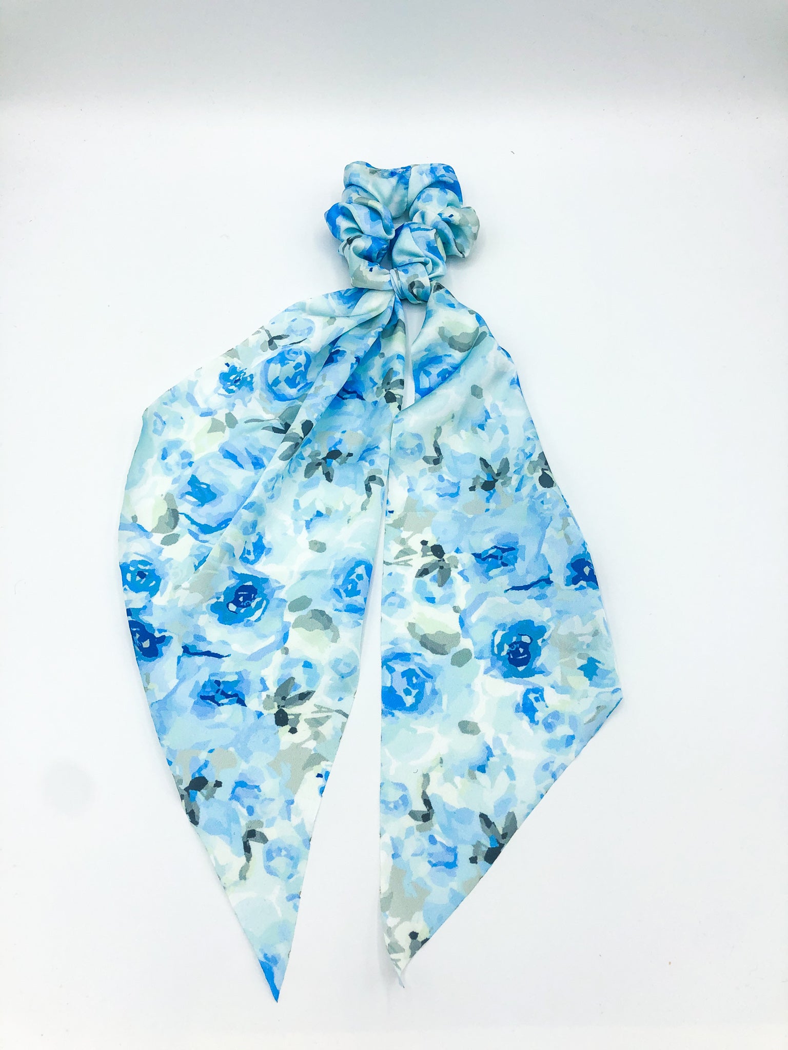 Blue watercolour floral long tail scrunchie made from recycles bottles