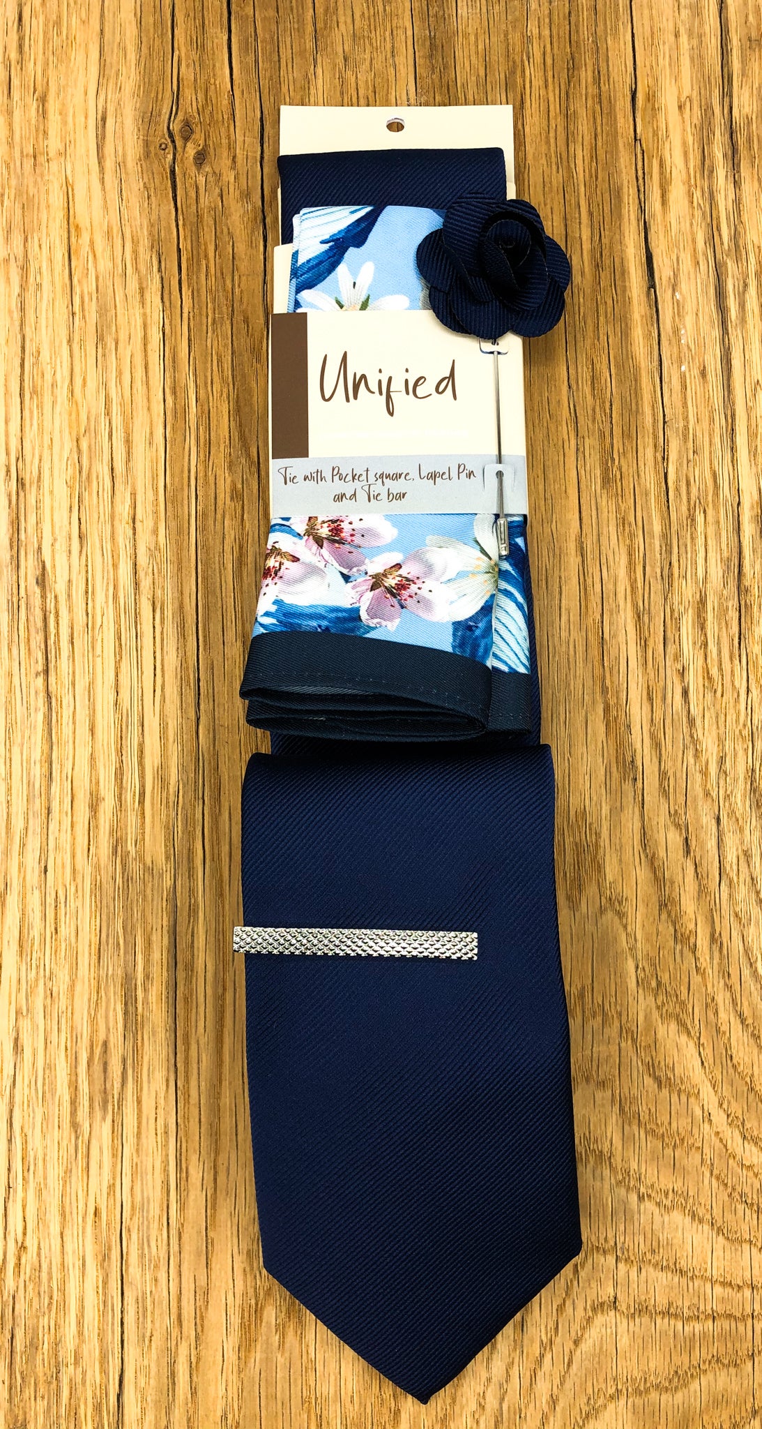 Navy Tie with Floral Pocket Square, Lapel Pin, Tie Bar and Fabric Bag