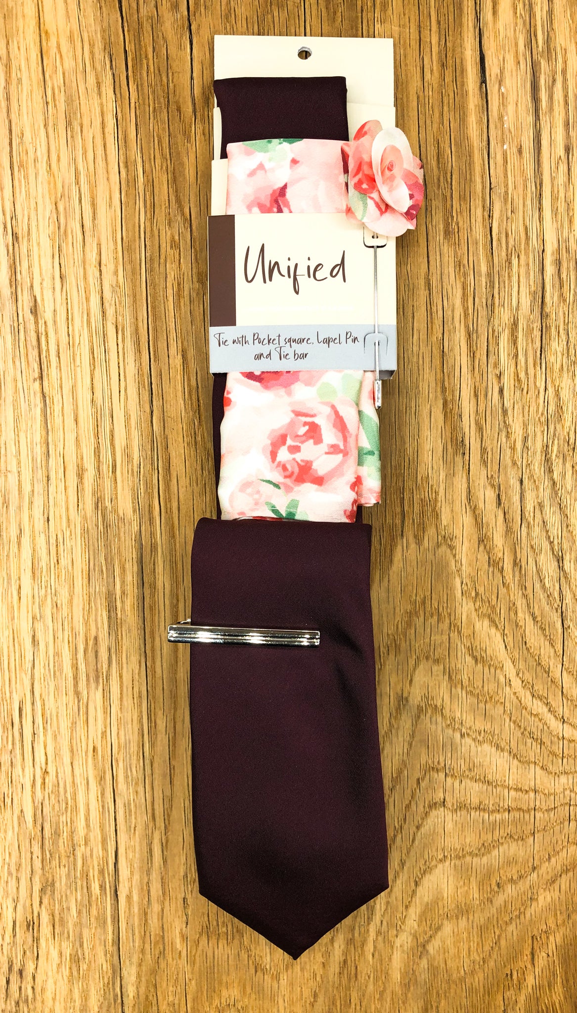 Don Burgundy Tie and Pink Floral Square in fabric bag