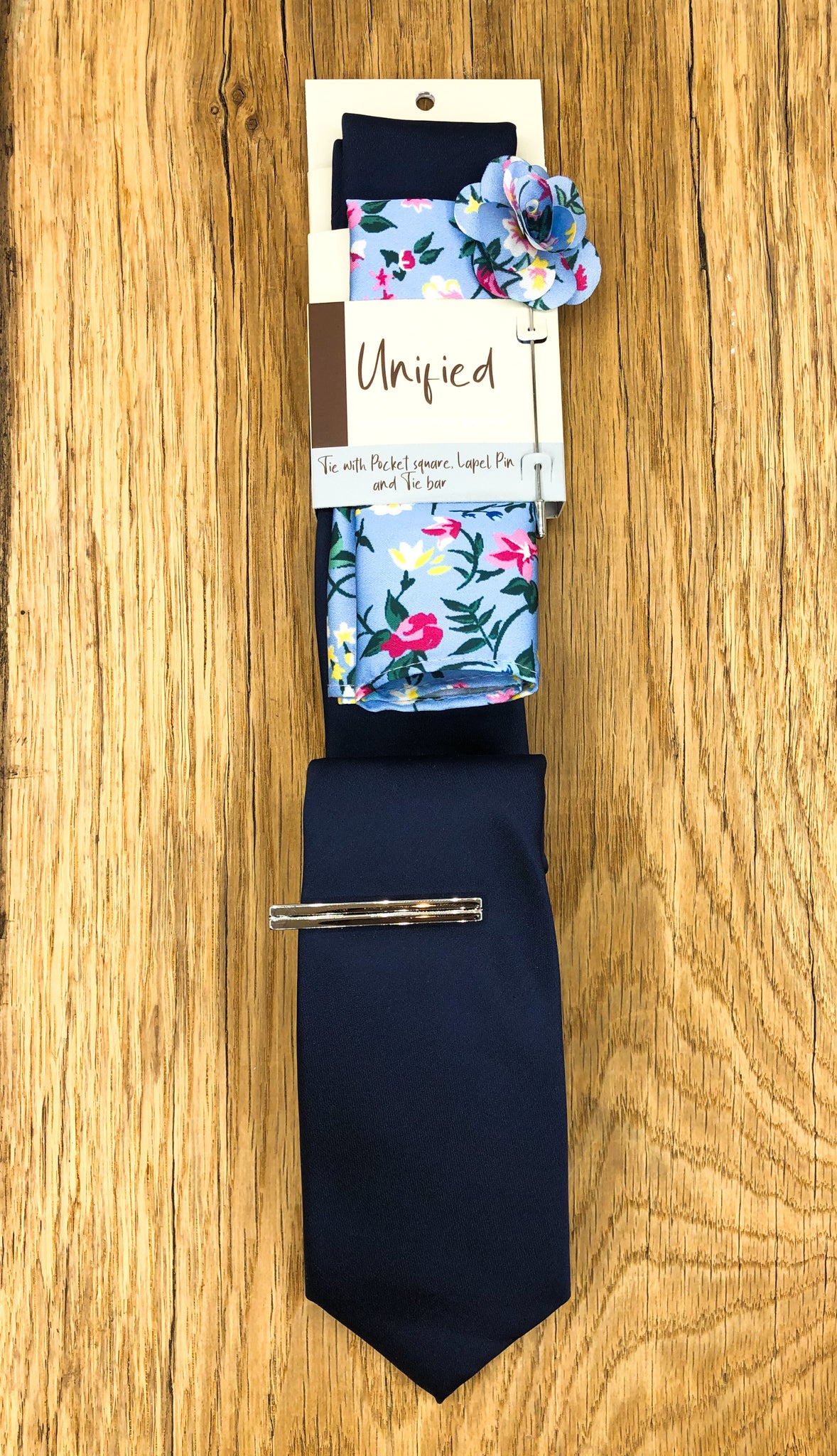 Klein Navy Tie with Blue Floral Pocket Square in fabric bag