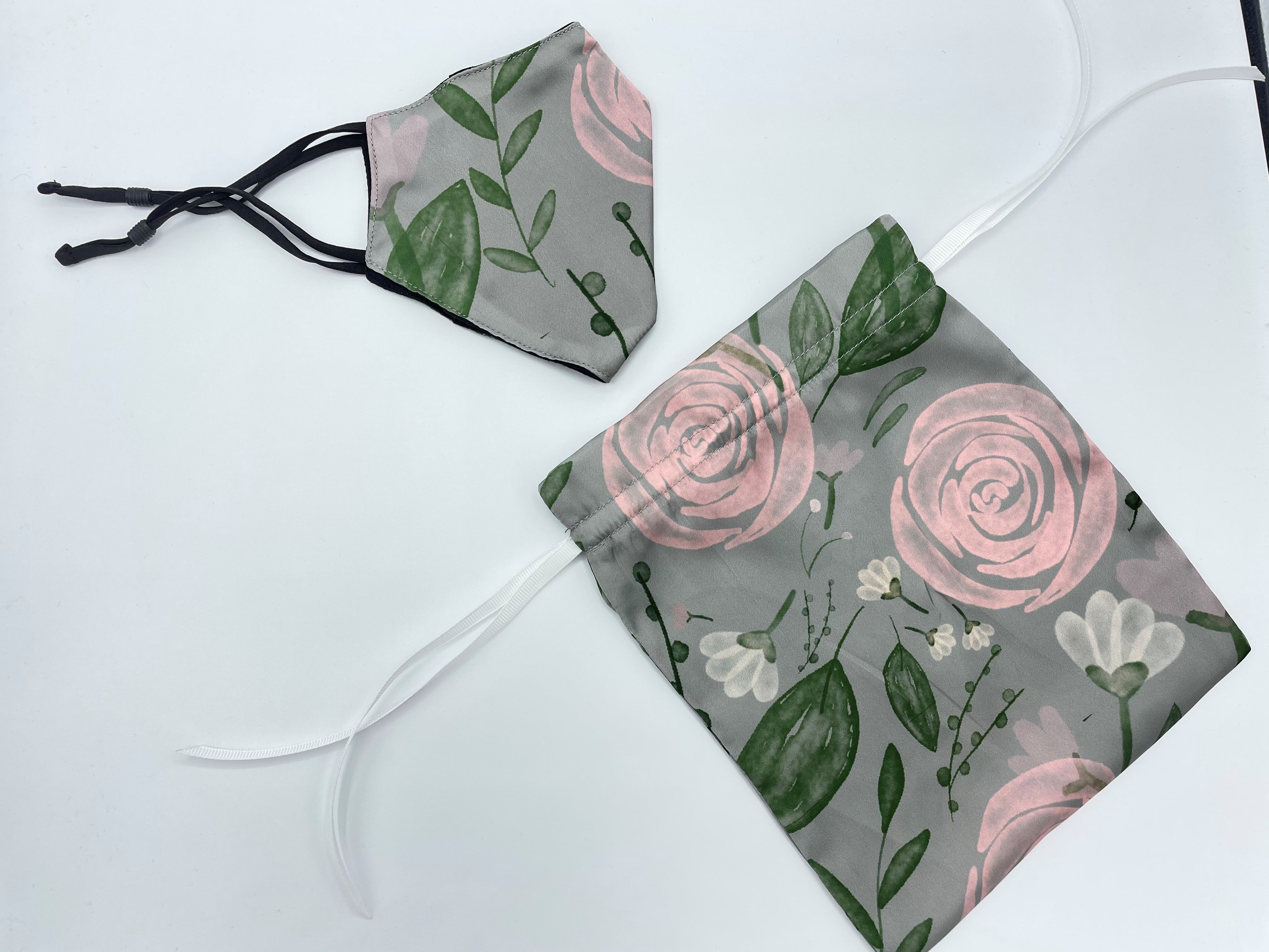 Wilde Grey Floral Face Covering and Fabric Bag